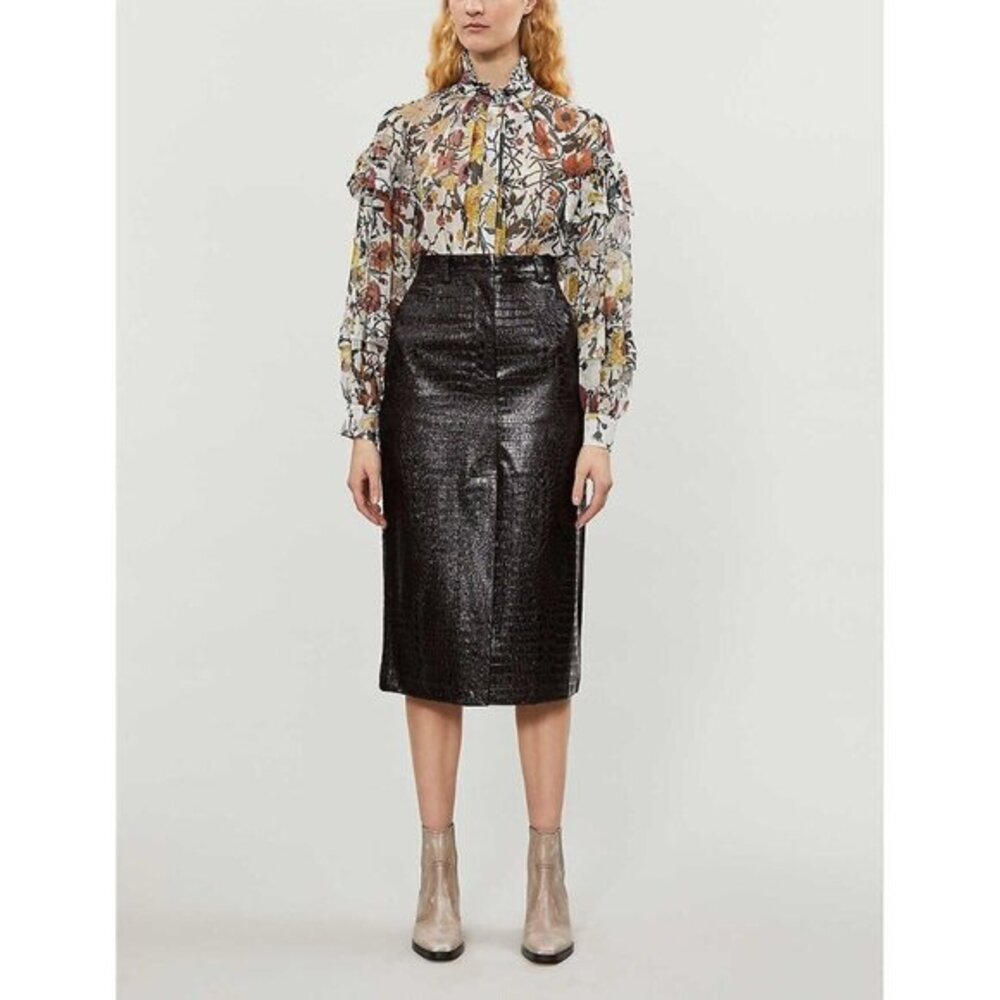 TOPSHOP Pencil Skirt Croc Embossed Vinyl Faux Leather dark Brown SZ 6 NEW